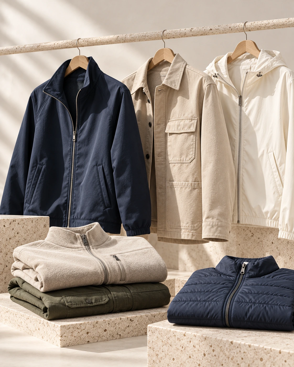 Private-label jackets and outerwear including bomber, chore jacket and lightweight shell in a clean editorial setup