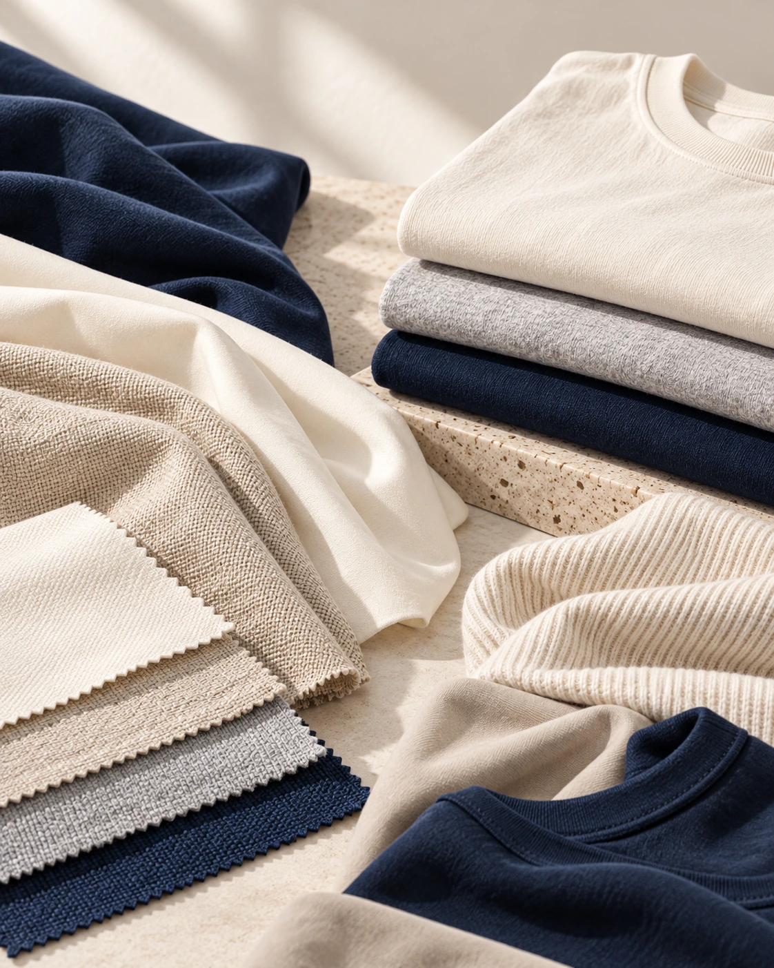 Fabric-led garment concept showing textile swatches, knits and folded garments in neutral and navy tones