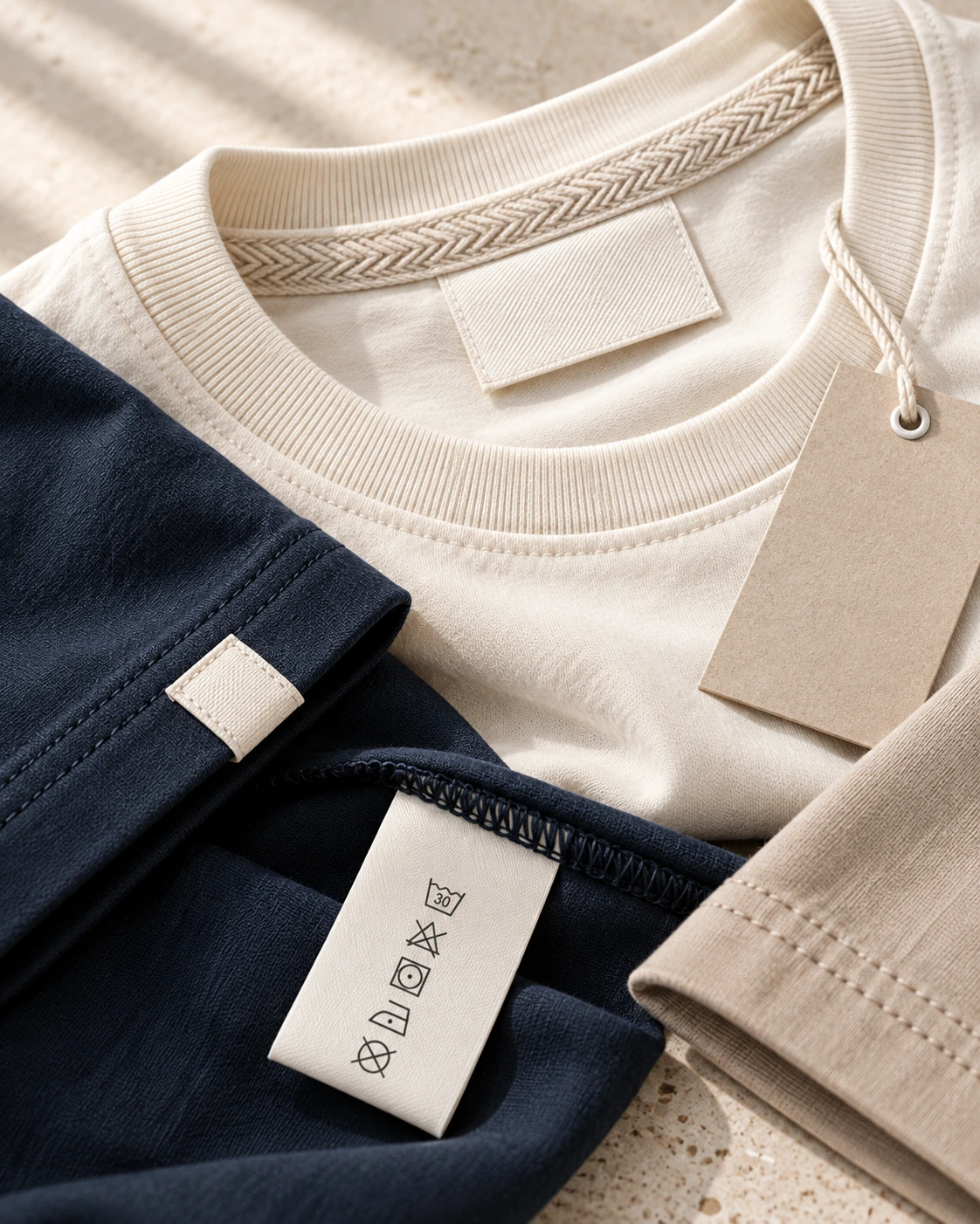 Private-label garment details including woven labels, hang tags, care labels and finishing elements