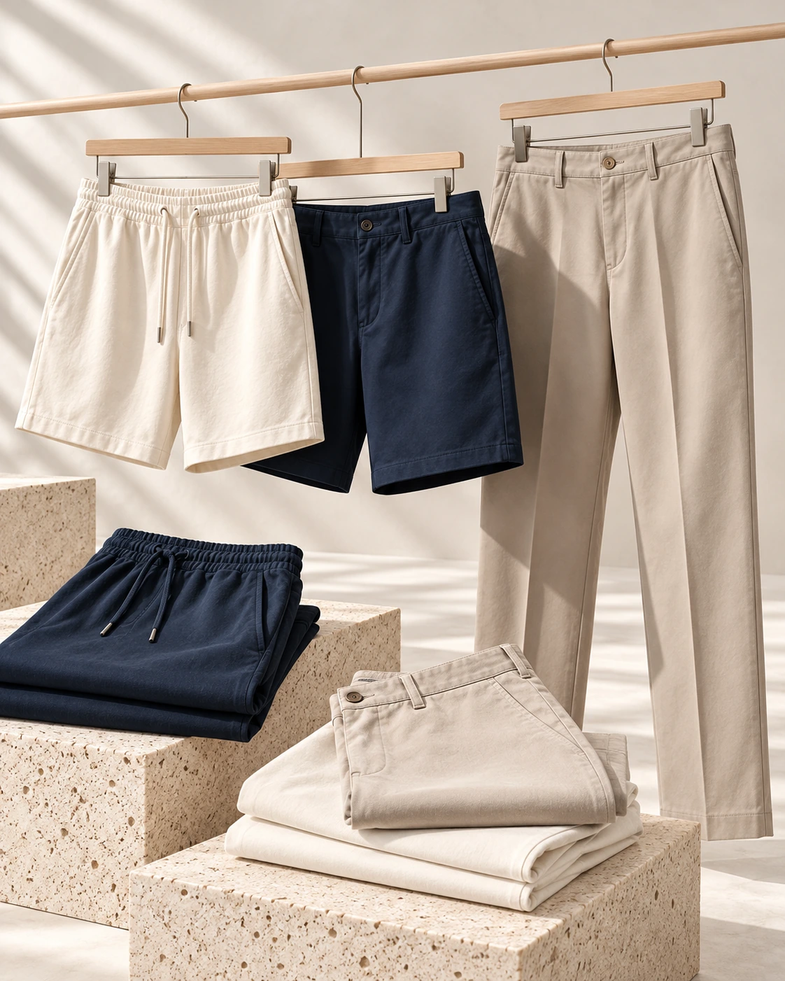 Private-label trousers and shorts in woven and jersey constructions, presented in cream and navy colours