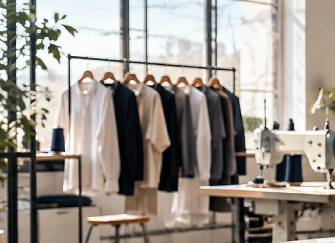 Finished custom garments arranged on a clothing rail in neutral colours