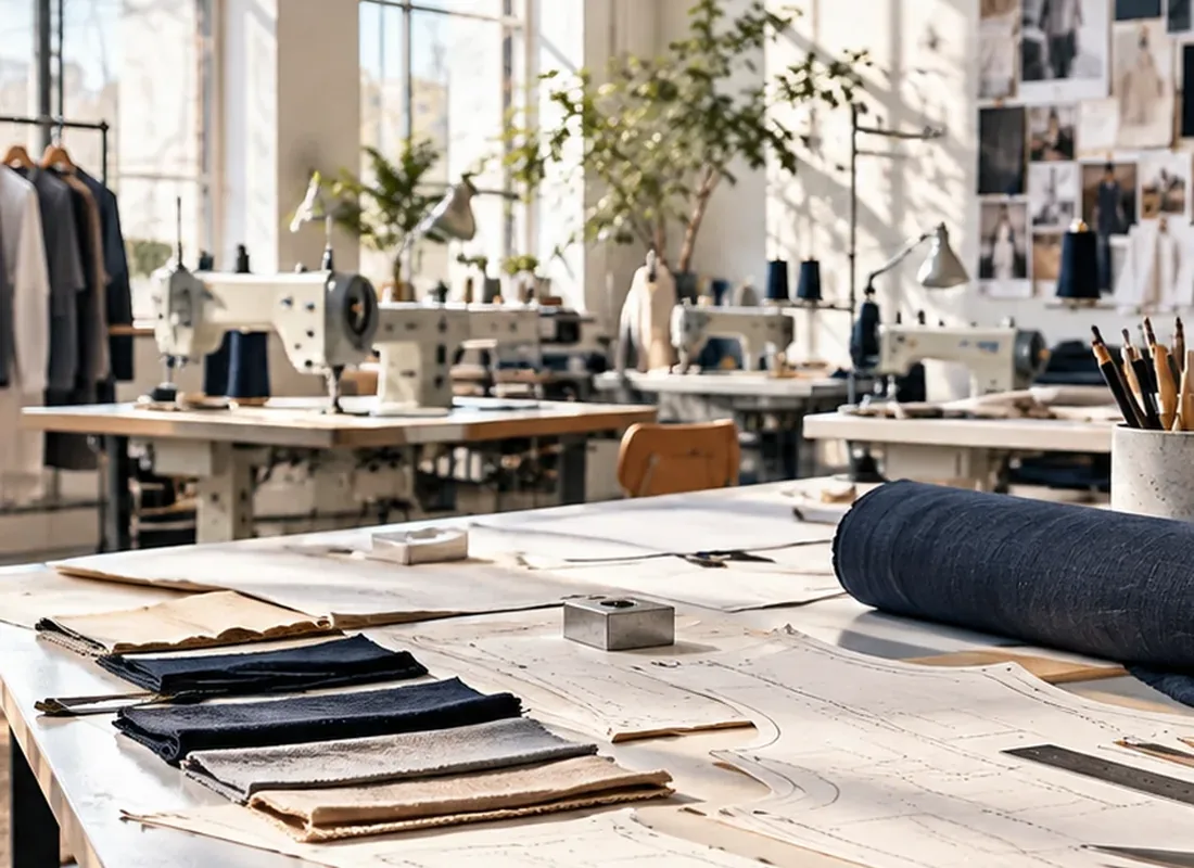 Industrial garment sewing on a textile worktable in a modern studio