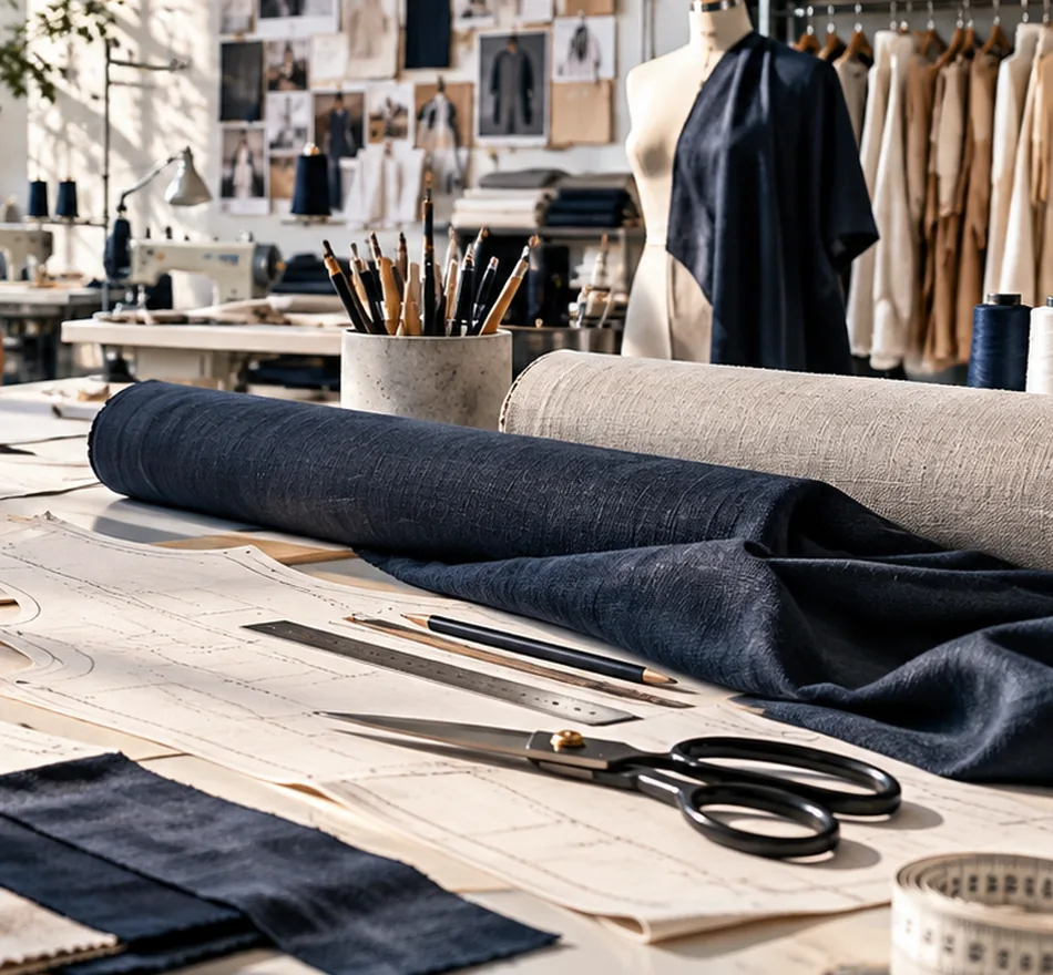 Neatly organised rolls of navy and pale textile in a sunlit clothing studio