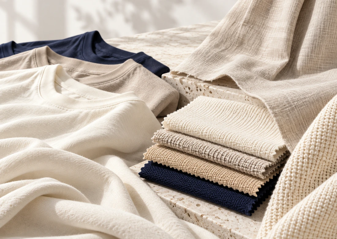 Cotton jersey, woven fabric, textured knit and fabric swatches in natural cream, beige and navy, selected for apparel product development
