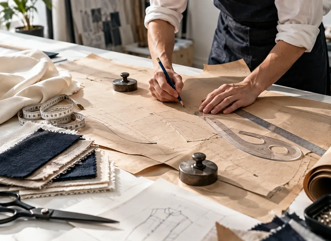 Pattern-maker drafting garment pattern on kraft paper using rulers and measuring tape