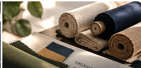Carefully selected woven fabrics and rolled textiles with swatches in a studio