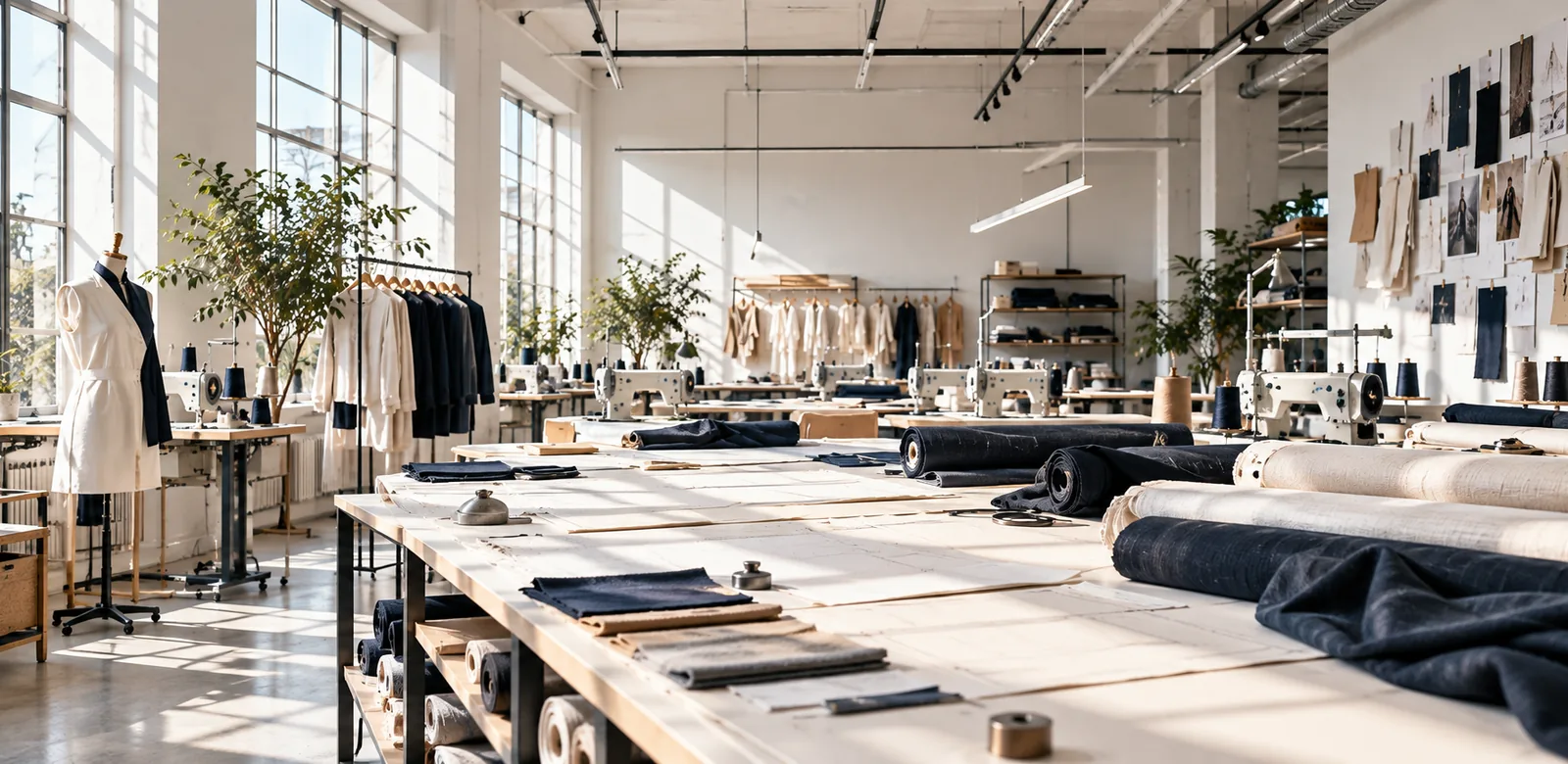 Bright textile workshop with cutting tables, garment racks and fabric rolls — concept image illustrating apparel manufacturing in Europe